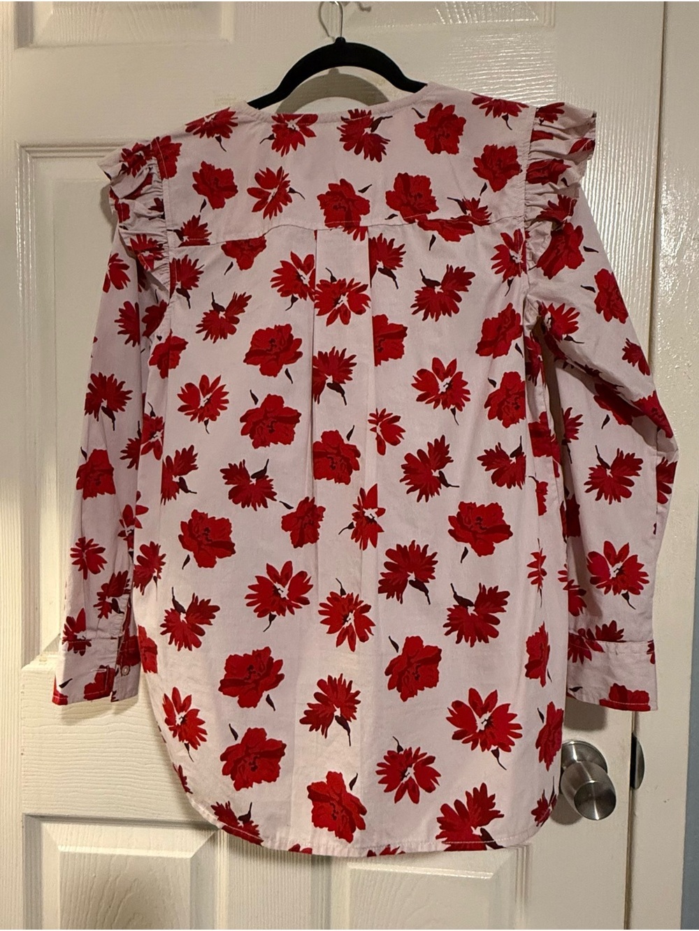 Free assembly Floral Ruffle Shoulder Blouse - White with Red Flowers size S - Picture 4 of 4